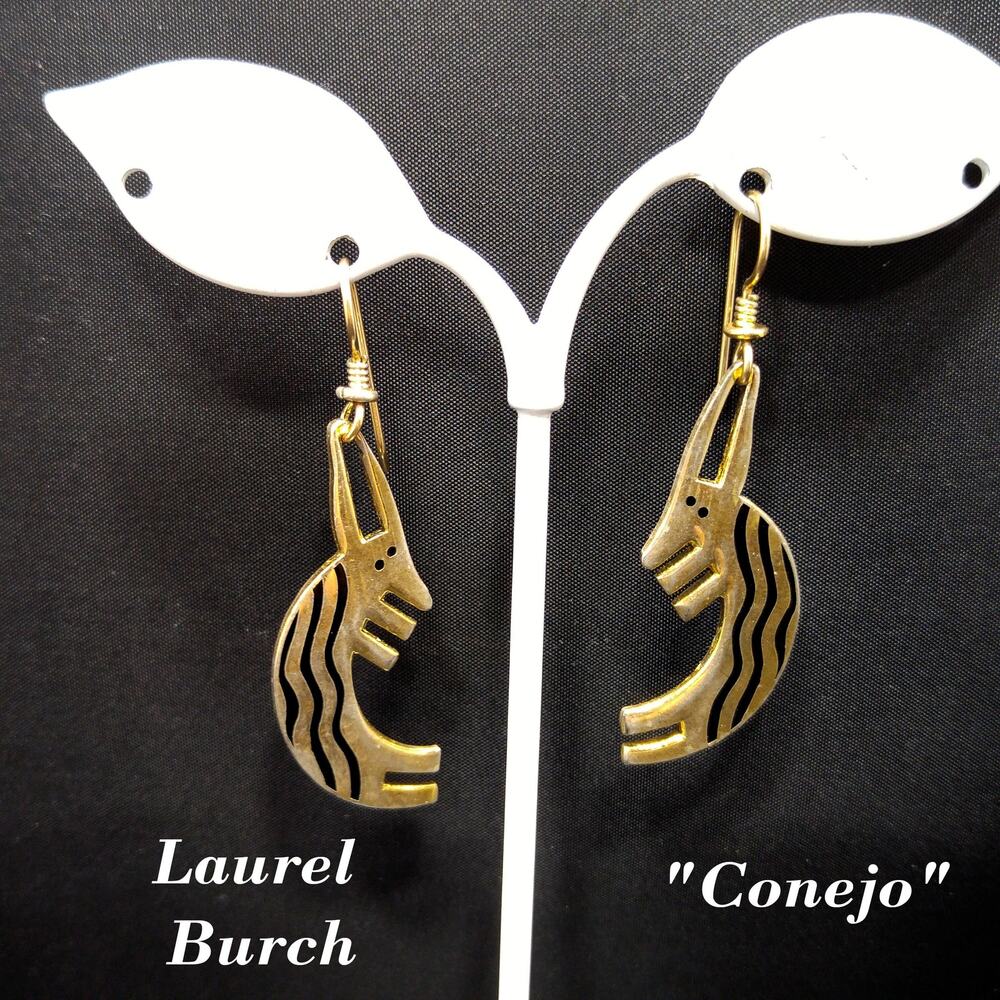 Laurel Burch "Conejo" Rabbit Dangle Earrings, Striped Black Enamel, 1980s